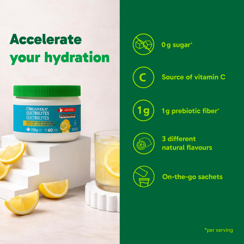Organika Canadian-Made Electrolytes Powder with Vitamin C & Prebiotic Fibre - Sugar-Free Hydration Drink Mix - Classic Lemonade - 210 g - 60 servings 🍁 All In One Marketplace Canada