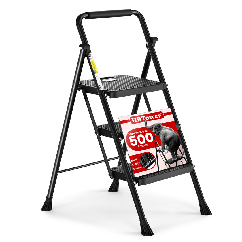 HBTower 3 Step Ladder, Folding Step Stool with Wide Anti-Slip Pedal, 500lbs Sturdy Steel Ladder, Convenient Handgrip, Lightweight, Portable Steel Step Stool, Black 🍁 All In One Marketplace Canada