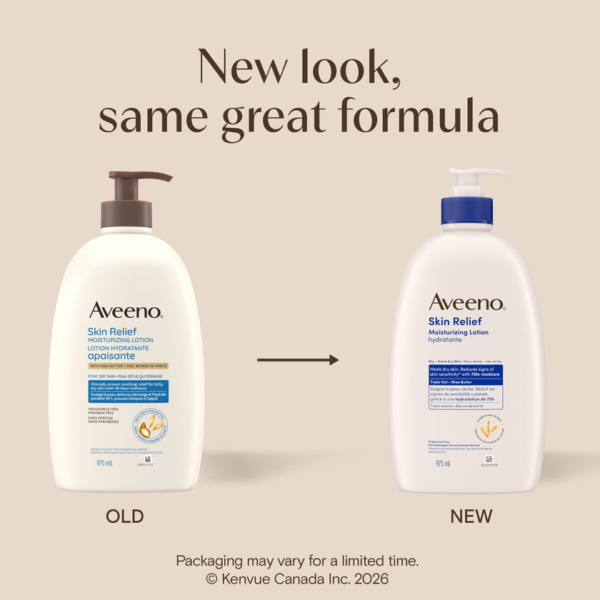 Aveeno Skin Relief Moisturizing Body Lotion Heals Very Dry, Sensitive Skin, fast absorbing Lotion with Soothing Triple Oat & Shea Butter Formula, Fragrance Free Lotion, Non-Comedogenic, 975mL 🍁 All In One Marketplace Canada