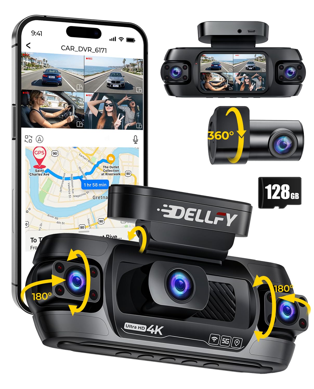 DELLFY 4 Channel Dash Cam, 4K Front & 3 * 1080P Rear/Left/Right, 360° Full View Dashcams for Cars, Built-in GPS & 5G WiFi APP, 24H Parking Mode, 8 IR Night Vision, G-Sensor, 128GB Card Included 🍁 All In One Marketplace Canada