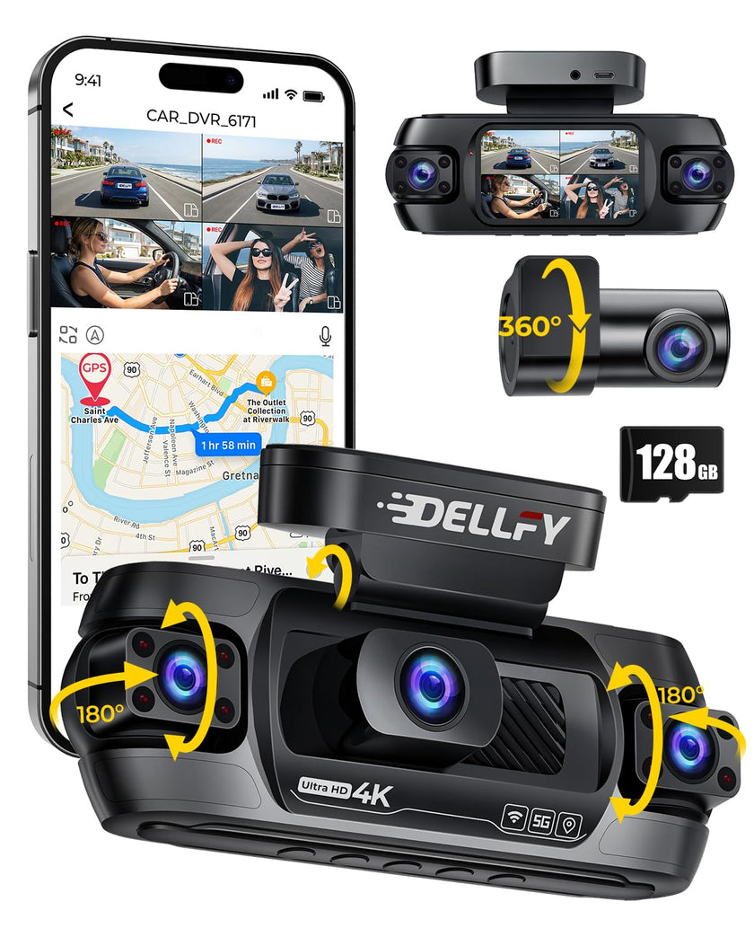 DELLFY 4 Channel Dash Cam, 4K Front & 3 * 1080P Rear/Left/Right, 360° Full View Dashcams for Cars, Built-in GPS & 5G WiFi APP, 24H Parking Mode, 8 IR Night Vision, G-Sensor, 128GB Card Included 🍁 All In One Marketplace Canada