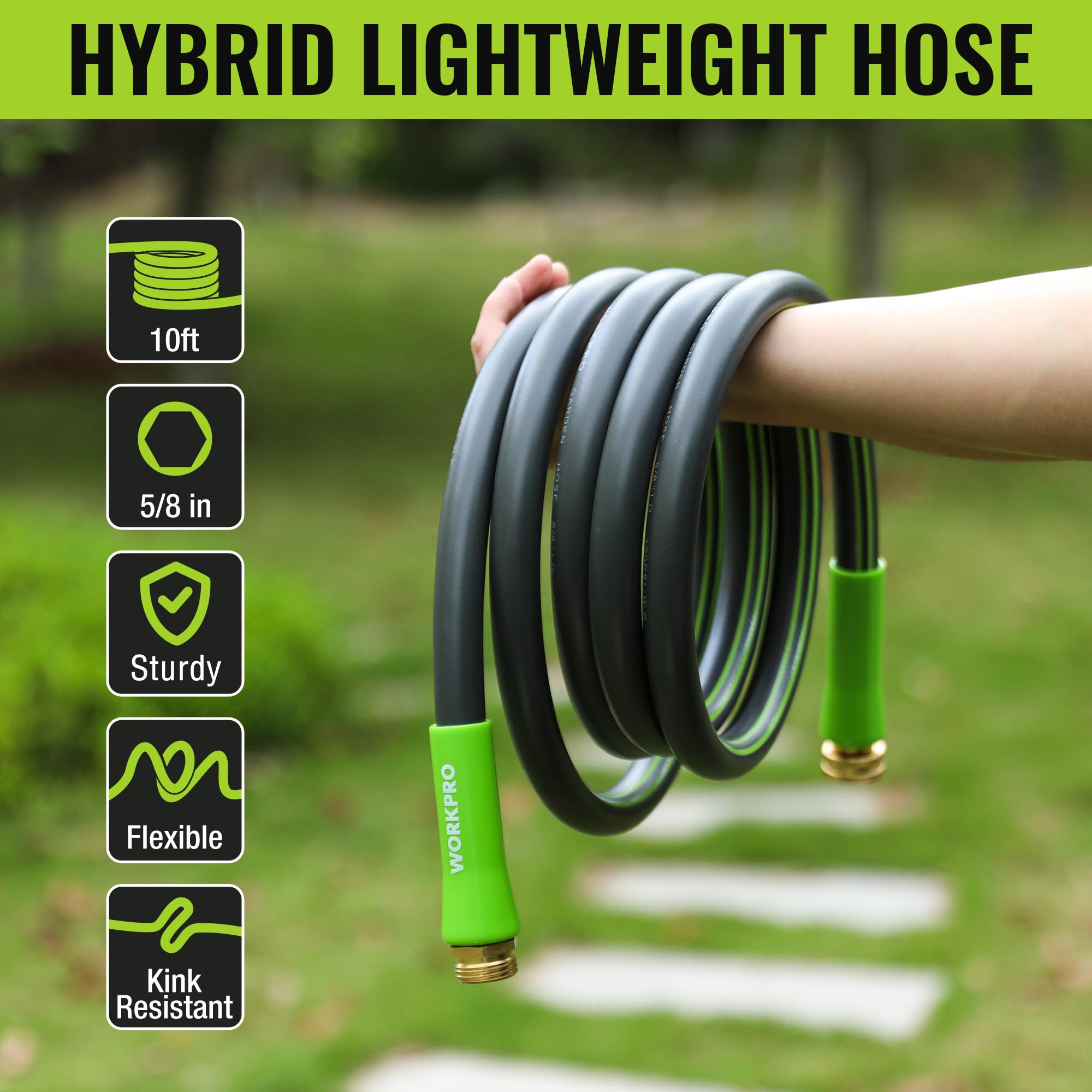 WORKPRO Garden Hose 5/8 in x 10 FT, Heavy Duty, Flexible, Lightweight Water Hose with 360° Rotation Handle, 3/4