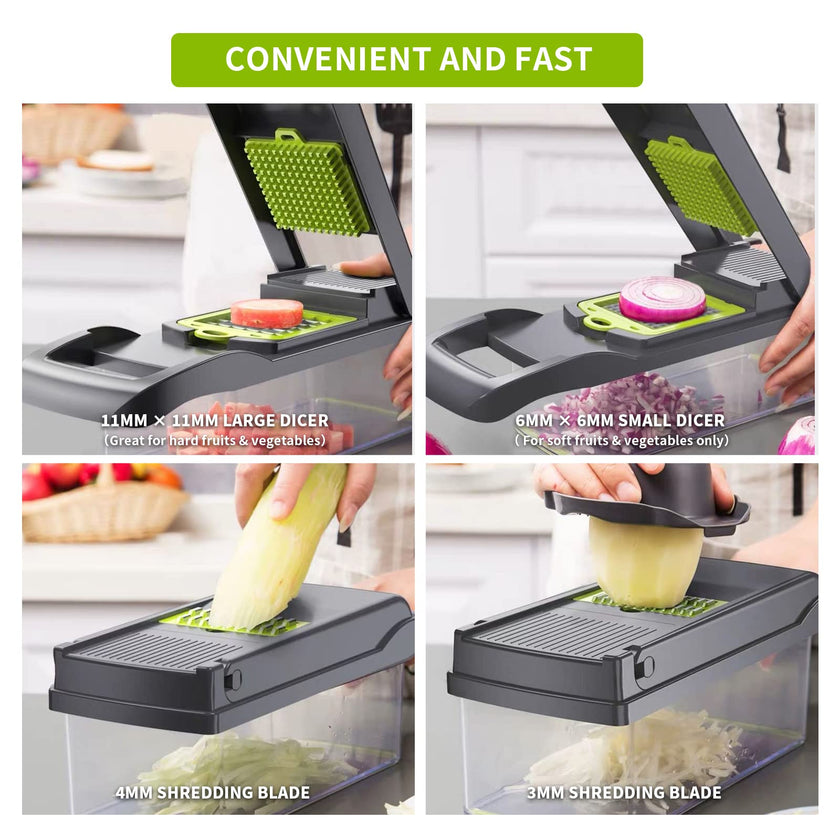 Vegetable Chopper Cutter Slicer Multifunctional 13-in-1 Food Veggie Onion Potato Fruit Chopper Cutter Dicer with Container, 8 Interchangable Blades, Hand Protector, Drain Strainer, Cleaning Brush 🍁 All In One Marketplace Canada