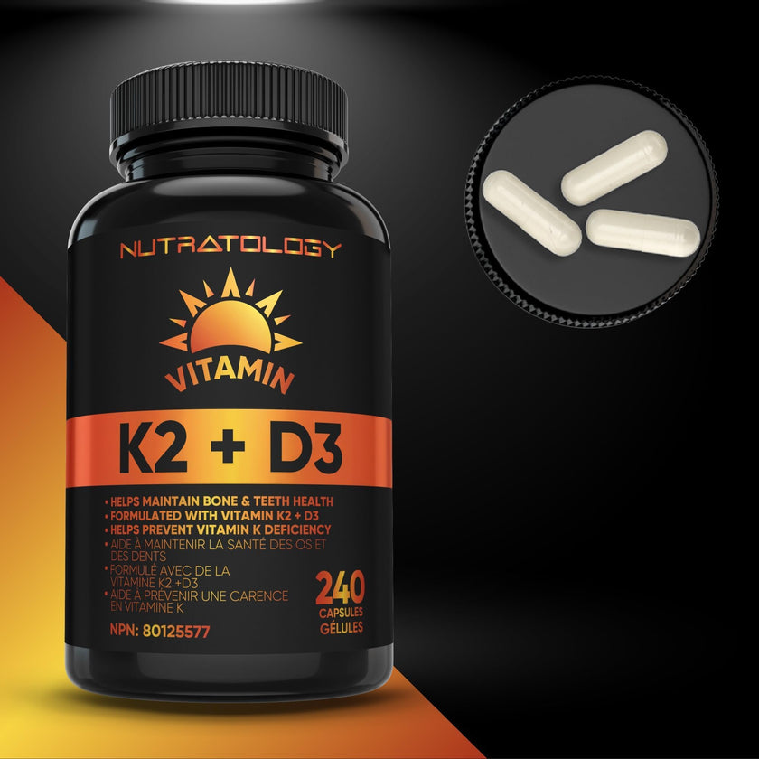 Nutratology® Vitamin K2 + D3 | Canadian-Made | Highest Potency 120MCG/1000 IU - 240 Capsules - Helps Maintain Bone & Teeth Health - Formulated With MK-7 For Best Results - Immune System Support. 🍁 All In One Marketplace Canada