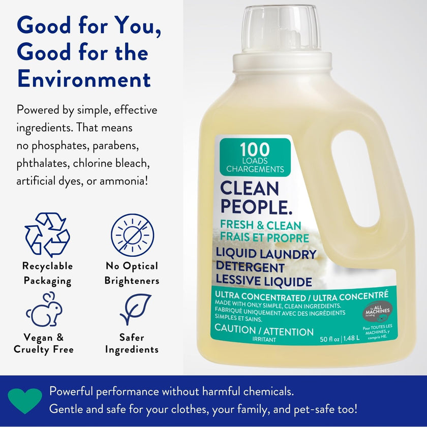 The Clean People Liquid Laundry Detergent - Recyclable Packaging, Stain Fighting - Ultra Concentrated, Laundry Soap (50 Fl Oz, Fresh Scent) 🍁 All In One Marketplace Canada