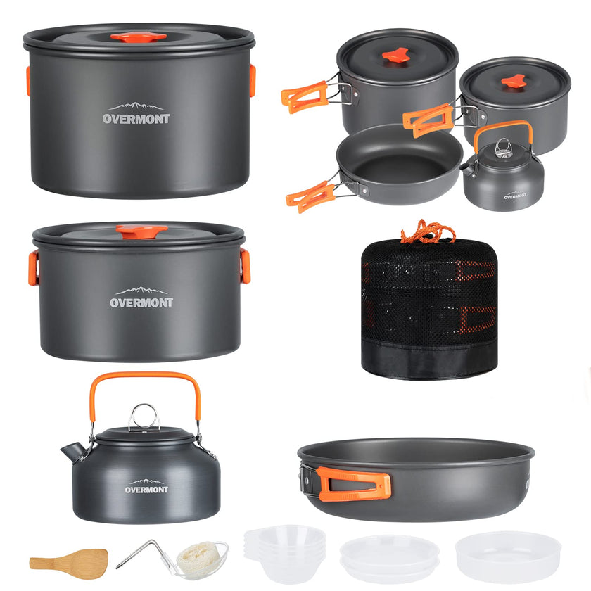 Overmont 16pc Camping Cookware Mess Kit, Portable Camping Cooking Set for Backpacking, Outdoor Hiking and Picnic Pot Pan Kettle Bowl Plate 🍁 All In One Marketplace Canada