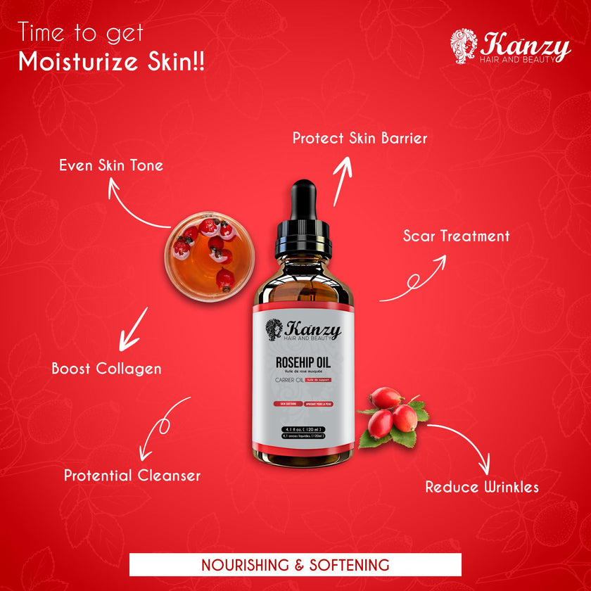 Kanzy Rosehip Oil for Face 120ml - Cold-Pressed Rosehip Oil for Skin, Hair, Nails & Body | Vegan & Cruelty-Free Moisturizing Oil for Daily Use 🍁 All In One Marketplace Canada