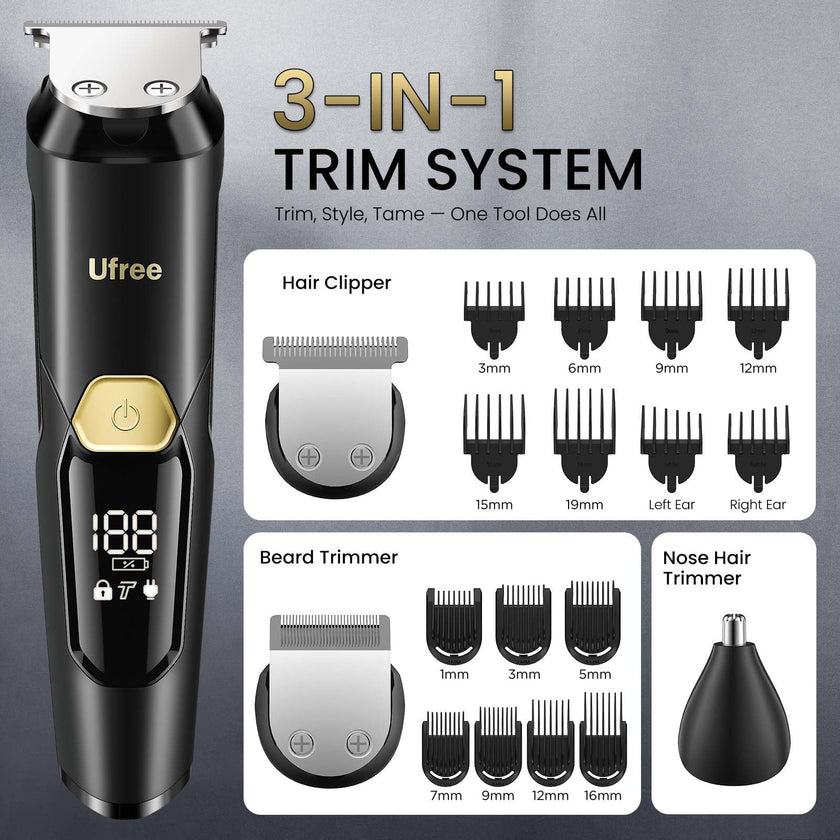 Ufree 3-in-1 Beard Trimmer for Men, Waterproof Electric Razor Shaver for Facial Hair, Rechargeable Hair Trimmer Clippers Grooming Kit, Gifts for Husband Father 🍁 All In One Marketplace Canada