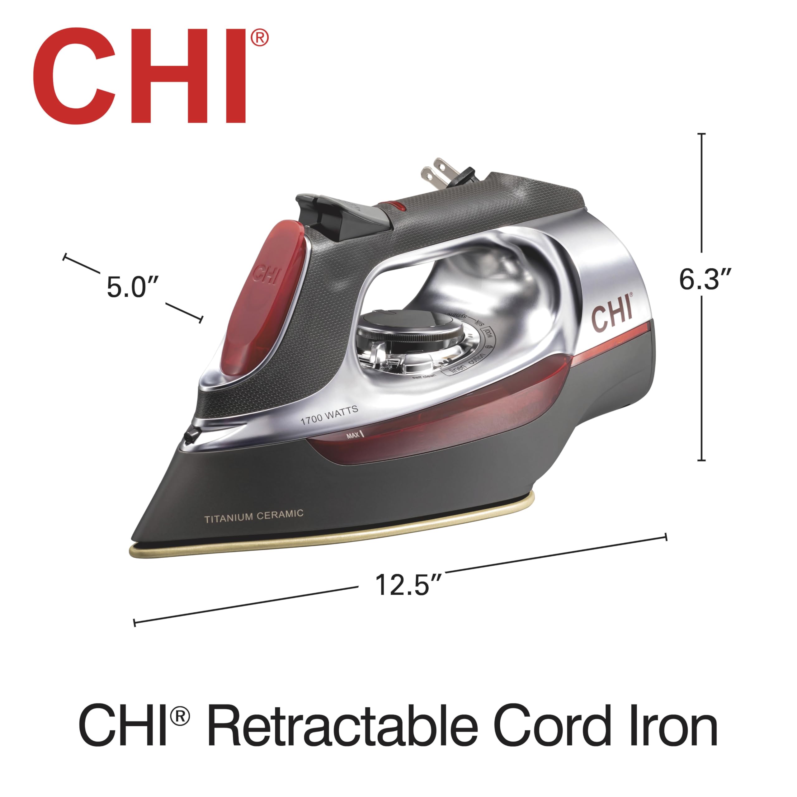 CHI Steam Iron for Clothes with 8’ Retractable Cord, 1700 Watts, 3-Way Auto Shutoff, 400+ Holes, Professional Grade, Temperature Control Dial, Titanium Infused Ceramic Soleplate, Silver (13106) 🍁 All In One Marketplace Canada