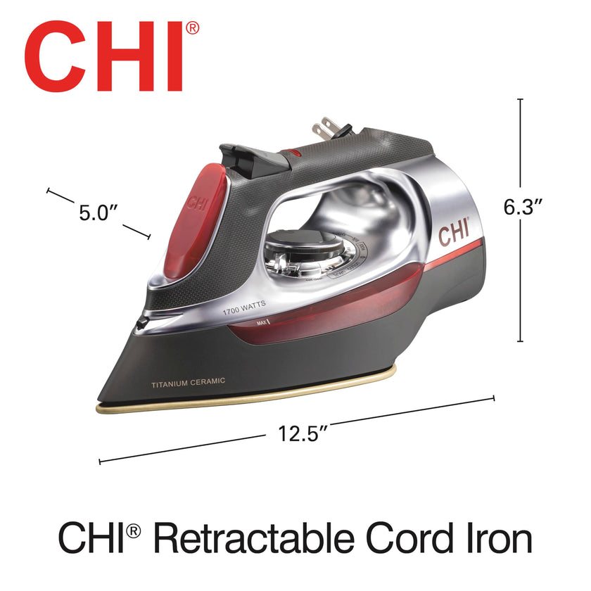 CHI Steam Iron for Clothes with 8’ Retractable Cord, 1700 Watts, 3-Way Auto Shutoff, 400+ Holes, Professional Grade, Temperature Control Dial, Titanium Infused Ceramic Soleplate, Silver (13106) 🍁 All In One Marketplace Canada
