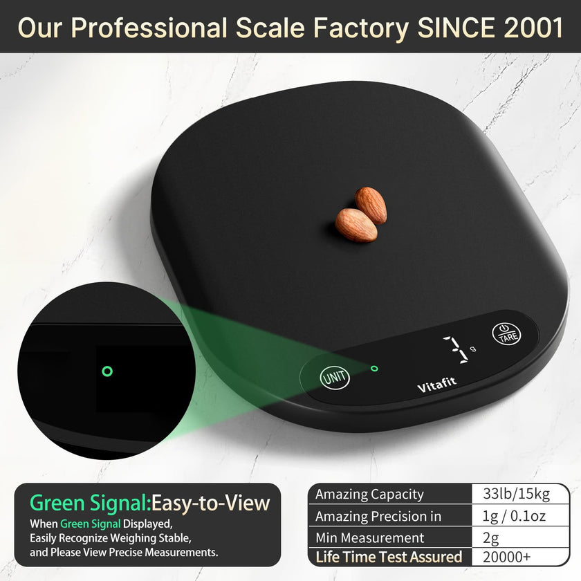 Vitafit 33lb Food Scale, High Accuracy 0.1oz by Our Professional Scale Factory Since 2001, Food Scale Digital Kitchen for Cooking Baking Coffee, LED Display, 3xAAA Battery, Black 🍁 All In One Marketplace Canada