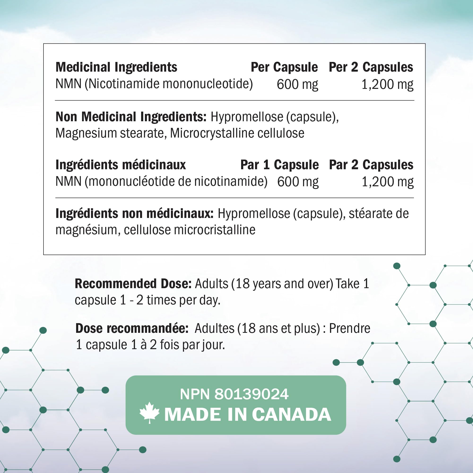 NMN Supplement 1200mg | Extra Strength | NAD+ Precursor for Healthy Aging, Cellular Energy & Longevity Support | 99% Purity | NMN Supplement Canada Made, Third-Party Tested & Vegan | 60 Capsules 🍁 All In One Marketplace Canada