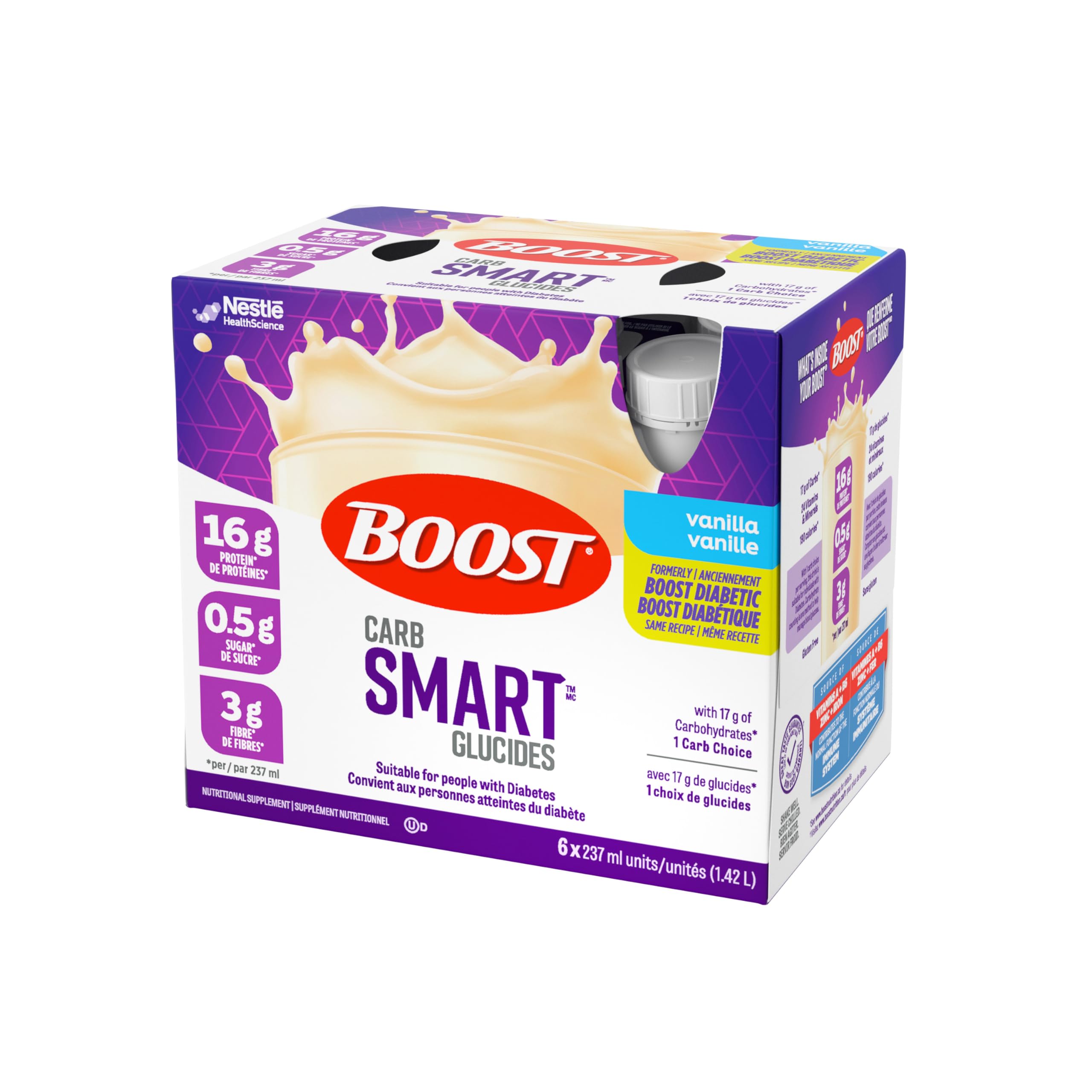 BOOST CarbSmart Vanilla, High Protein, Low Sugar, 24 Vitamins & Minerals, Nutritional Supplement, 16g Protein, 0.5g Sugar, Kosher, Gluten-free, Suitable For Diabetics, 24 Bottles, 6 kg 🍁 All In One Marketplace Canada