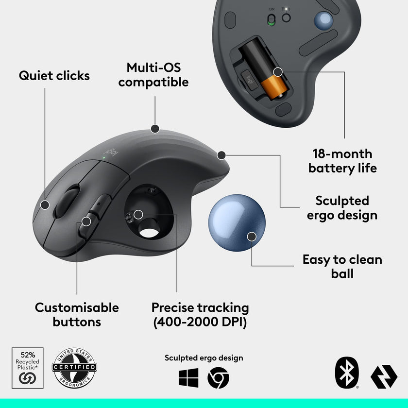 Logitech Ergo M575S Wireless Trackball Mouse, Wireless Ergonomic Mouse with Bluetooth and Encrypted Dongle, Comfortable Thumb Control, Precise and Smooth Tracking, for PC/Mac - Graphite Blue Ball 🍁 All In One Marketplace Canada