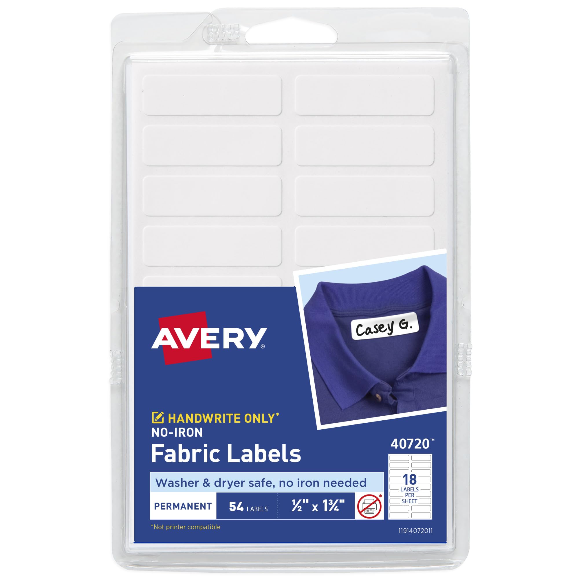 AVERY No Iron Clothing Labels, Washer & Dryer Safe, Writable Fabric Labels, 54 Labels, 1 Pack (40720), White, 1/2