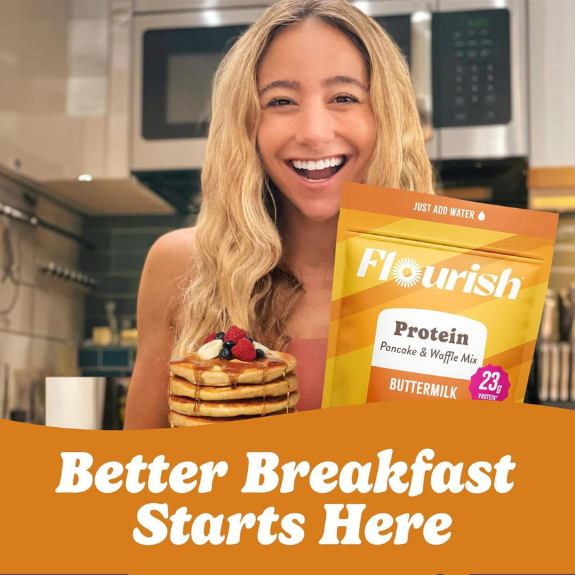 Flourish Protein Pancake & Waffle Mix with Whey Protein, No Added Sugar, High in Fiber - Just Add Water - Buttermilk Flavour, 430 g Each (2 Pack) - Made in Canada 🍁 All In One Marketplace Canada