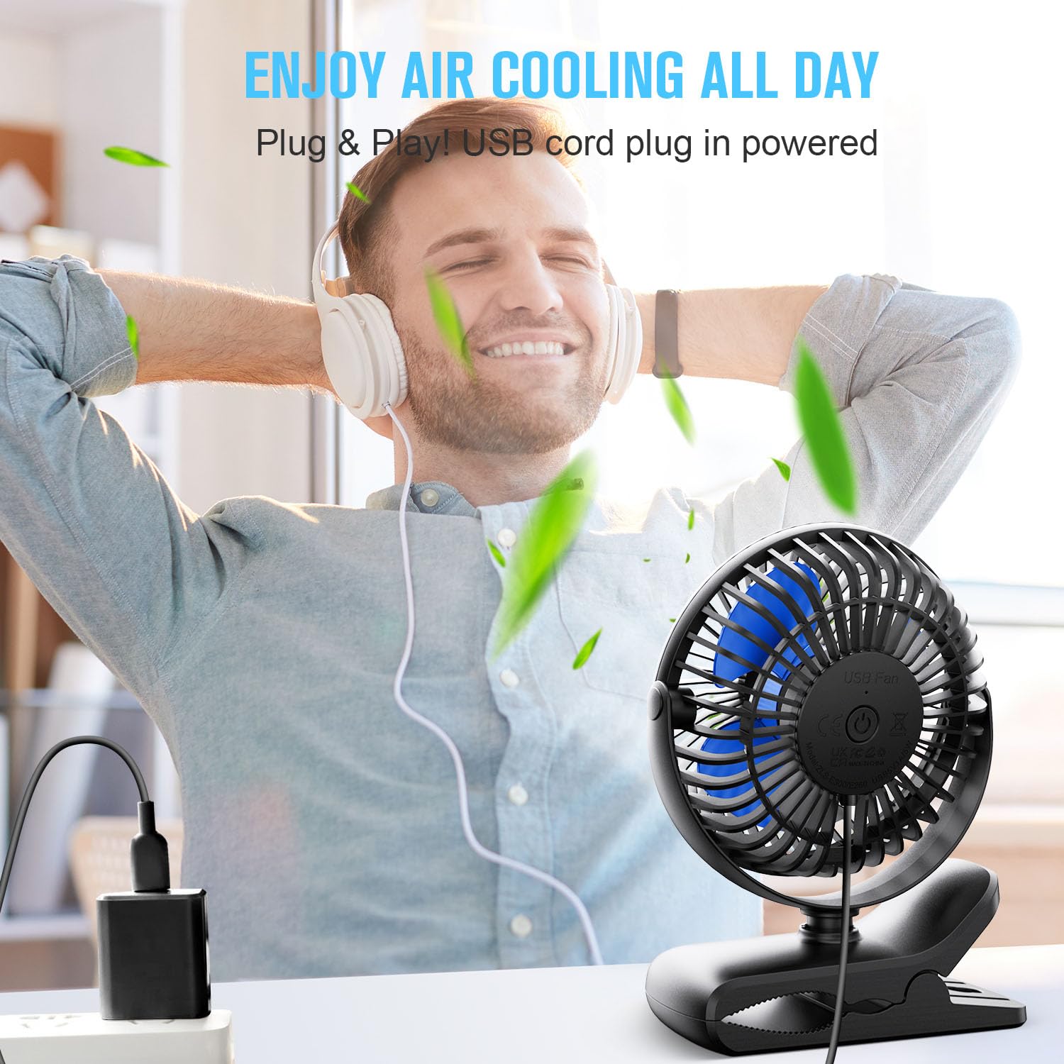 BESKAR USB Powered Clip on Fan, Portable Small Fan with Cord, 3 Speeds Strong Airflow, Personal Fan with Sturdy Clamp, Quiet Desk Fan & Clip Fan 🍁 All In One Marketplace Canada