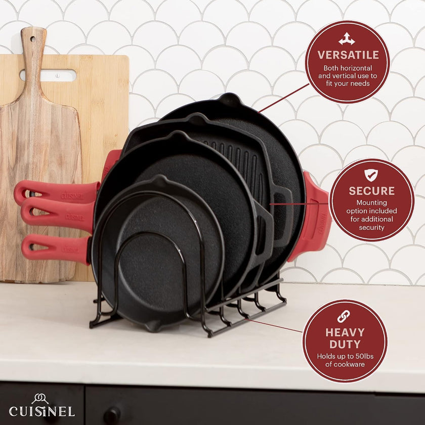 Heavy Duty Pan Organizer, 5 Tier Rack - Holds up to 50 LB - For Cast Iron Skillets, Griddles, Pots - Durable Steel Construction - Space Saving Kitchen Storage - No Assembly Required - Black 12.2-Inch 🍁 All In One Marketplace Canada