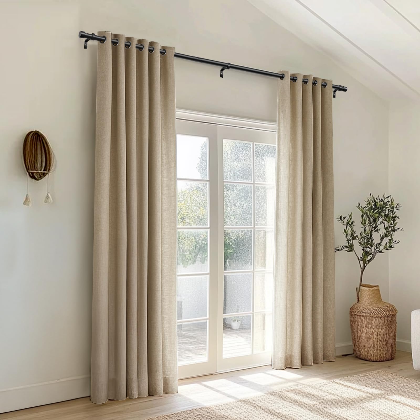 Zeerobee Curtain Rods for Windows 48 to 84, 1 Inch Black Heavy Duty Drapery Rods with Adjustable Length, Outdoor Modern Curtain Pole with Simple End Caps, 32