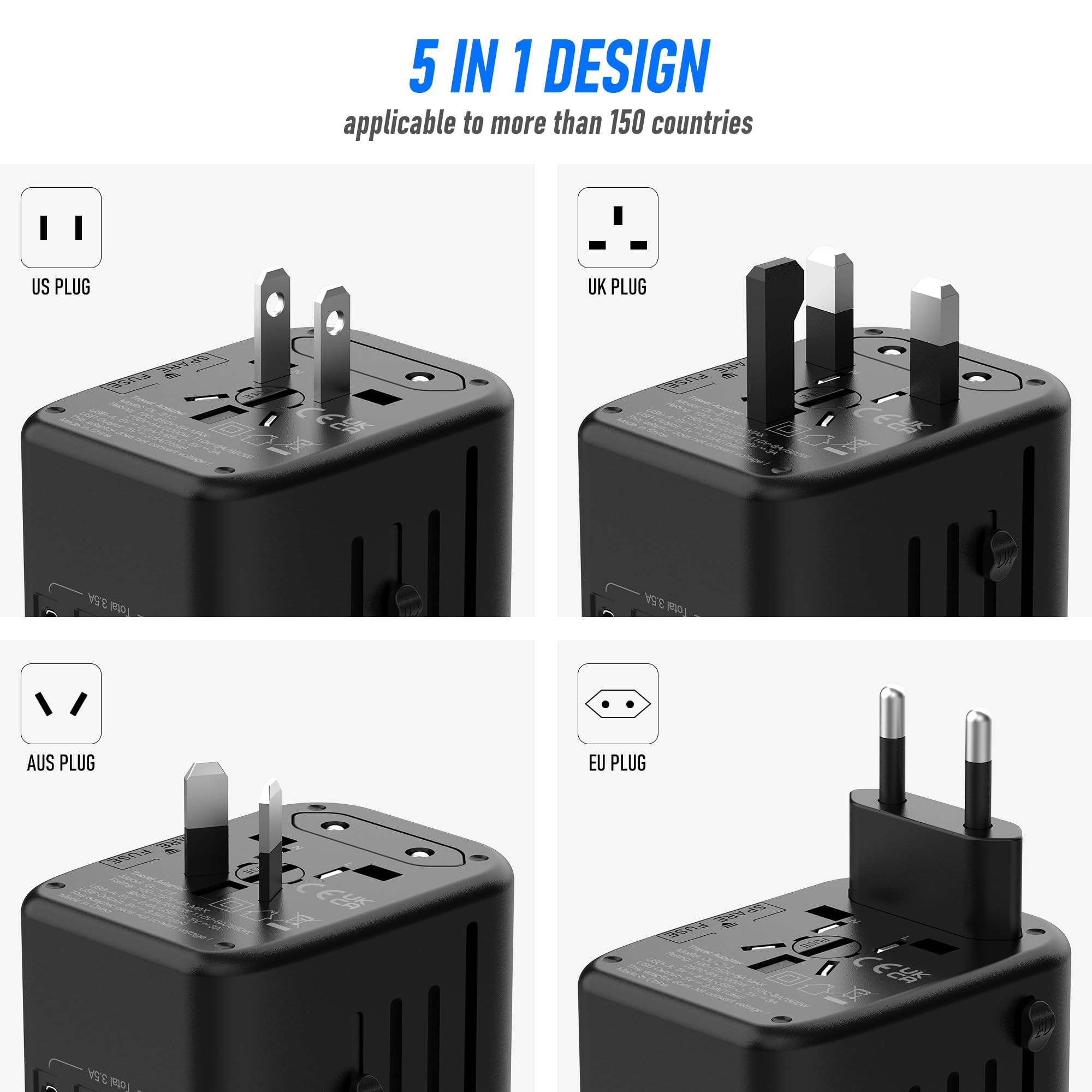 VYLEE Universal International Power Travel Plug Adapter, 5 in 1 European Travel Plug Adapter W/ 3.5A 2xUSB-A and 2xUSB C Wall Charger and Worldwide AC Outlet for Europe USA UK AUS Asia (Black Grey) 🍁 All In One Marketplace Canada