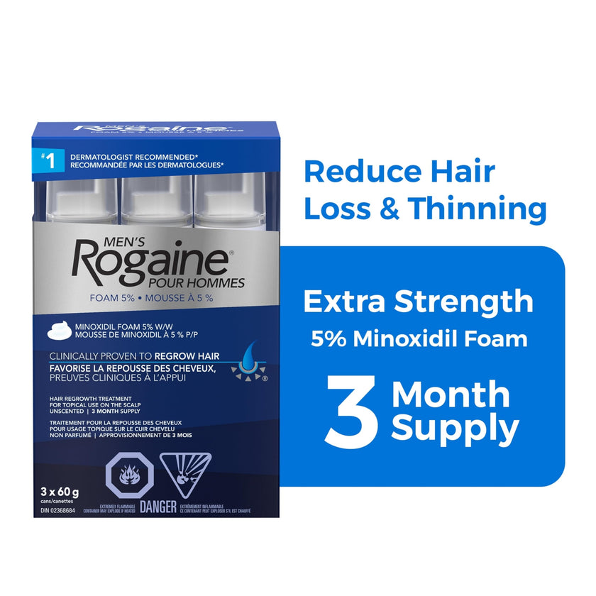 Rogaine Men's Hair Regrowth Treatment with 5% Minoxidil Foam - Clinically Tested for Male Pattern Baldness - 3-Month Supply, Quick-Dry Formula, 3x 60g Canisters 🍁 All In One Marketplace Canada