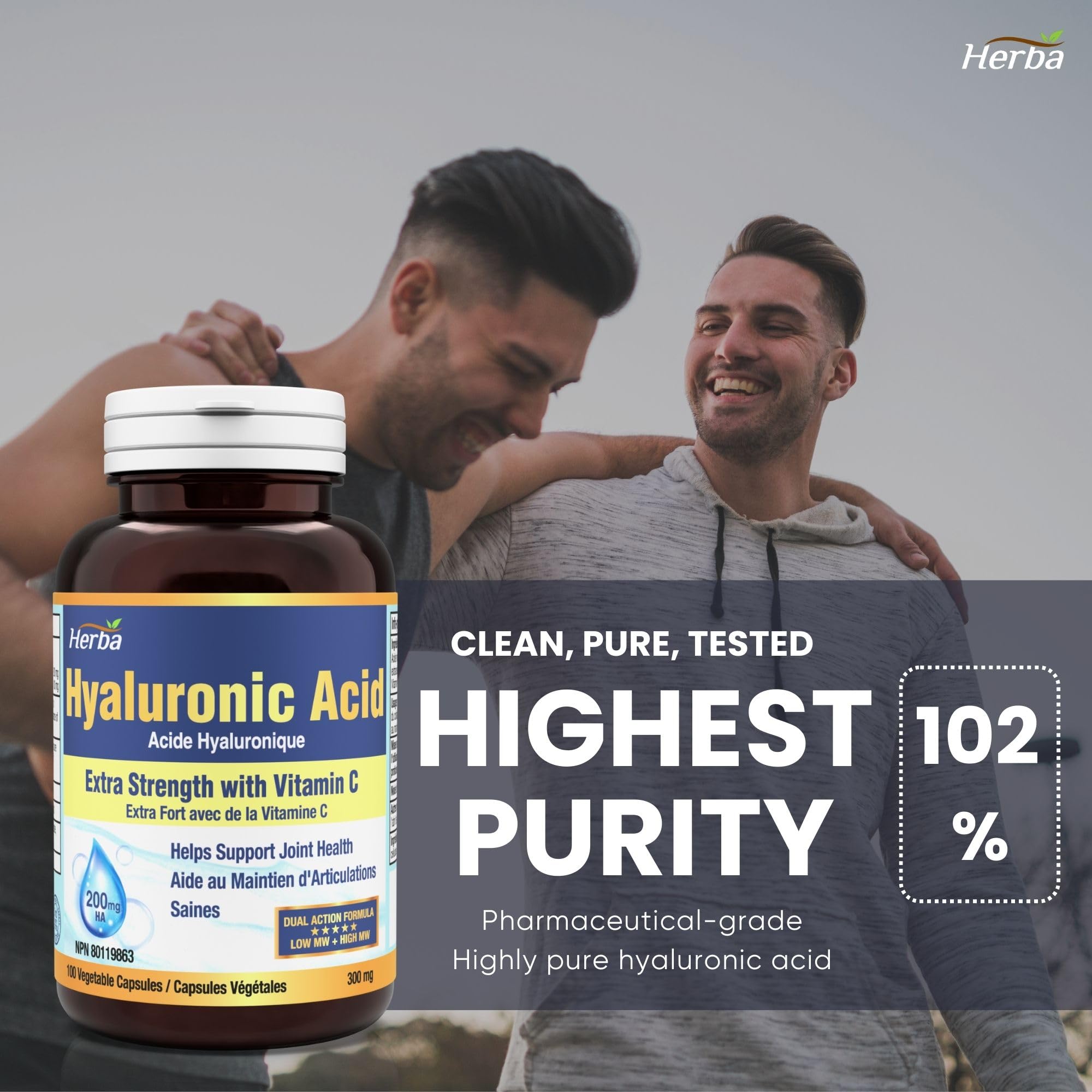 Herba Hyaluronic Acid Supplement 200mg - 100 Capsules | 100% Purity Hyaluronic Acid Capsules with Vitamin C to Support Joint and Bone Health | Made in Canada 🍁 All In One Marketplace Canada