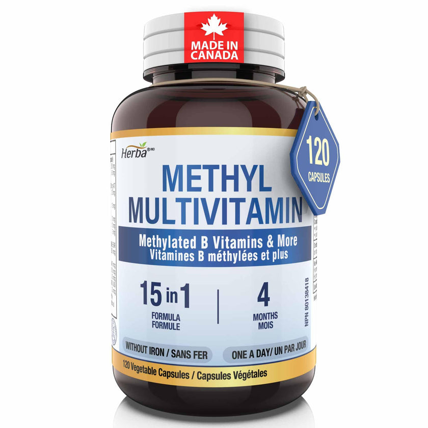 Herba Methylated Multivitamin with 500mg TMG & Methylated B Complex - 120 Capsules | 15 in 1 Formula | B Complex Vitamins for Women & Men including Methyl Folate Supplement | Vegan | Made in Canada 🍁 All In One Marketplace Canada