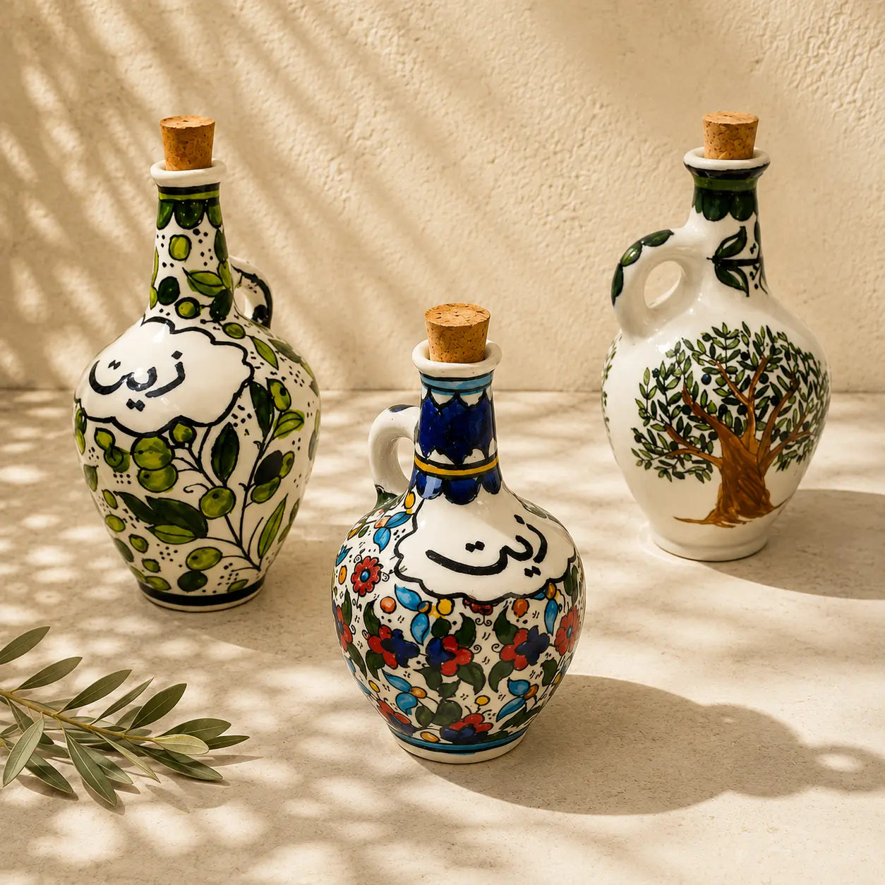 Handmade Ceramic Olive Oil Jug 11×11×20 cm – Oil Dispenser with Zatoun, Olive Tree & Colorful Designs