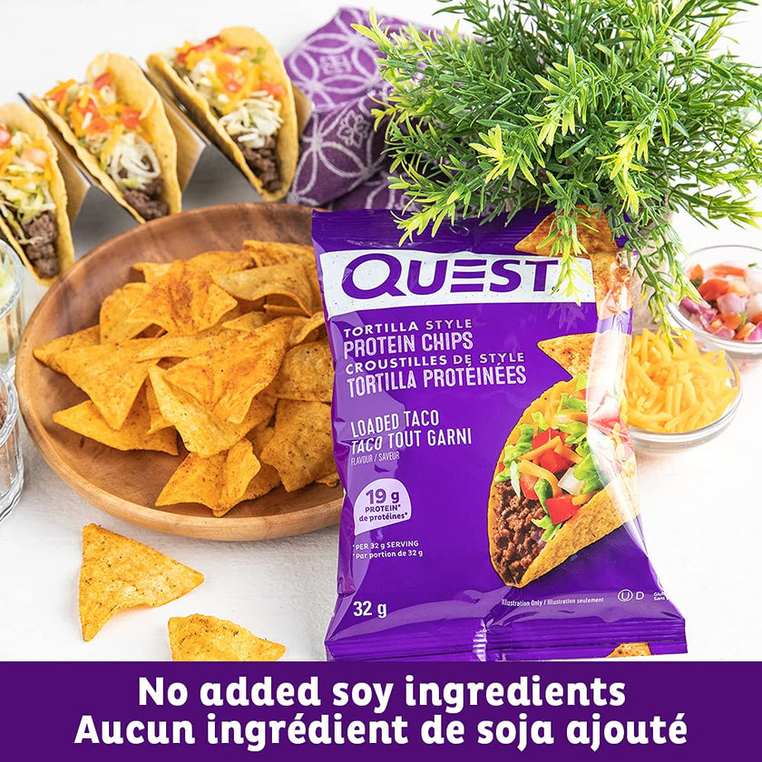 Quest Nutrition Tortilla Style Protein Chips, Loaded Taco, High Protein, Baked, Not Fried, Gluten Free, 1g Sugar, 5g Carbs, 8ct 🍁 All In One Marketplace Canada