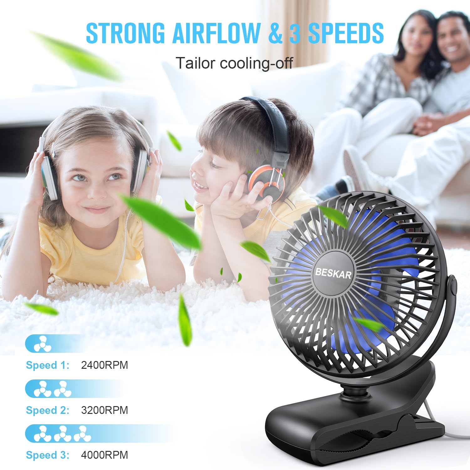 BESKAR USB Powered Clip on Fan, Portable Small Fan with Cord, 3 Speeds Strong Airflow, Personal Fan with Sturdy Clamp, Quiet Desk Fan & Clip Fan 🍁 All In One Marketplace Canada