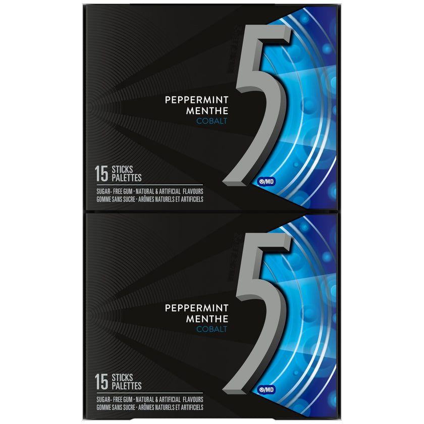 5 GUM, Peppermint-Cobalt Flavoured Sugar Free Chewing Gum, 15 Sticks, 10 Packs 🍁 All In One Marketplace Canada