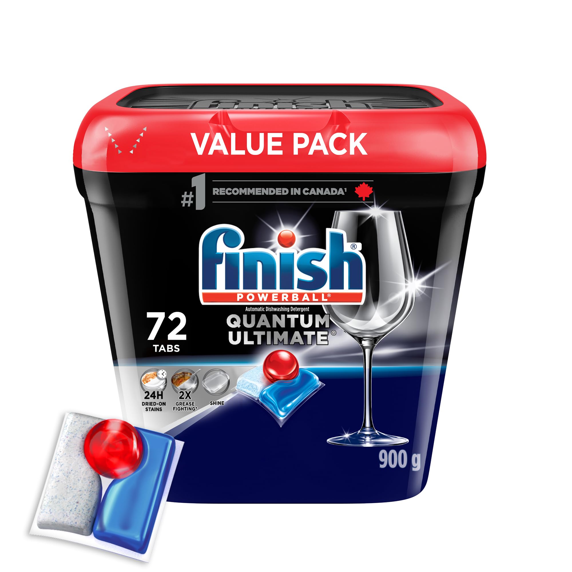 Finish Quantum Ultimate Dishwasher Detergent Pods, 3-Chamber Formula with Powerball, 2X Grease Fighting*, 24H Dried-On Stains, Deep Clean, Virtually Spotless Shine, No Pre-Rinse, 72 Tabs 🍁 All In One Marketplace Canada