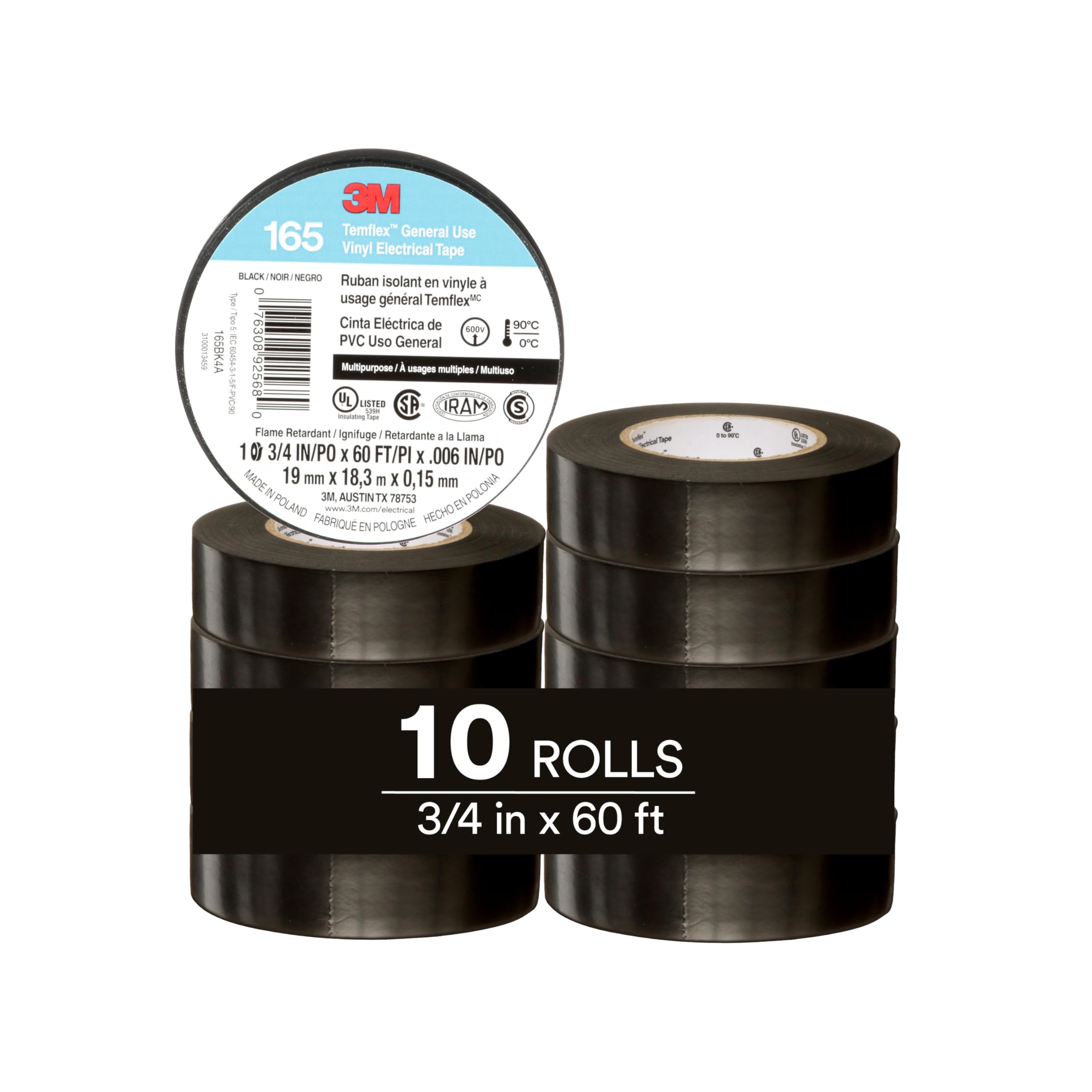 3M Temflex 165, Vinyl Colour Coding Electrical Tape, Black, 3/4in x 60ft, 10 Rolls 🍁 All In One Marketplace Canada