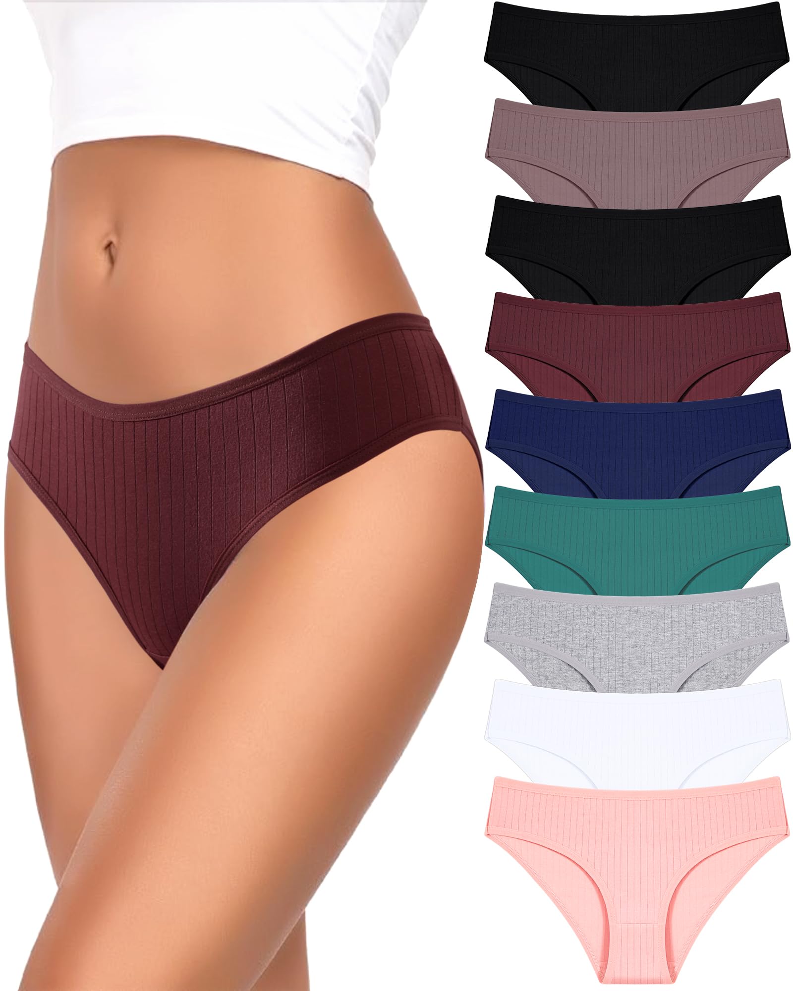FINETOO 9 Pack Cotton Underwear for Women Sexy Low Rise Ribbed Hipster Breathable Soft Womens Bikini Panties Cheeky S-XL 🍁 All In One Marketplace Canada
