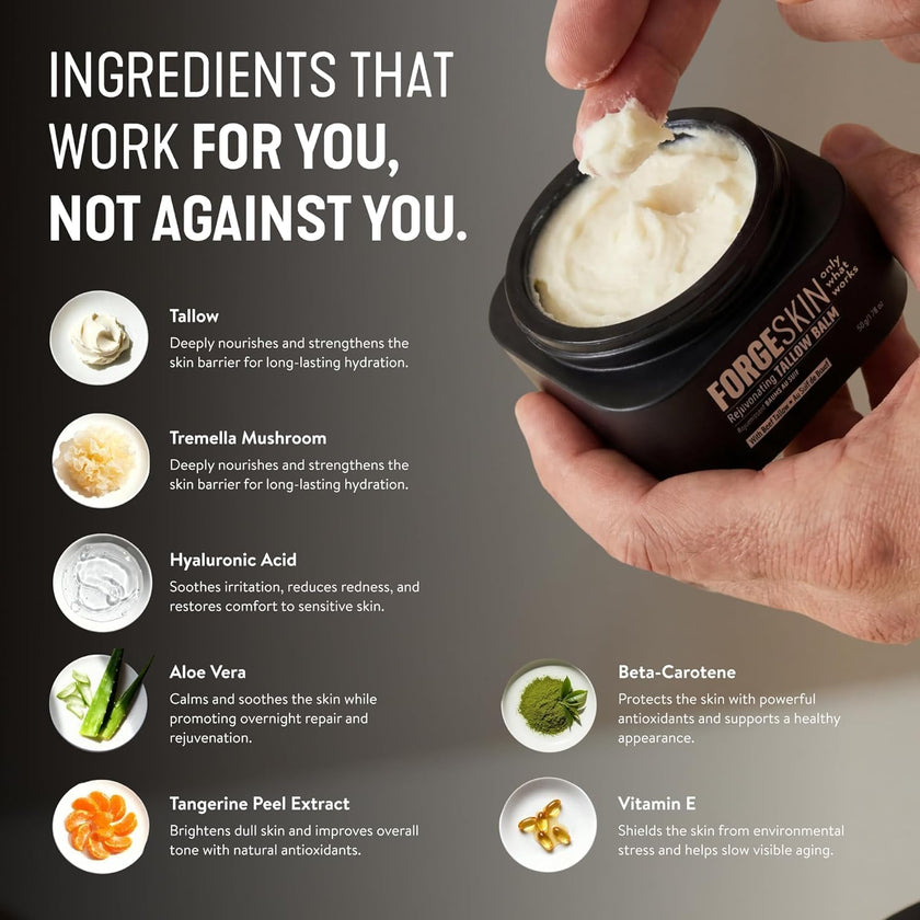 FORGE SKIN® Wrinkle Defense Beef Tallow Balm for Men [TALLOW-BASED] Moisturizer for Face Hydration - Hydrating Anti Aging Skin Cream - Natural Facial Skincare Lotion with Essential Oils (1.7 OZ) 🍁 All In One Marketplace Canada