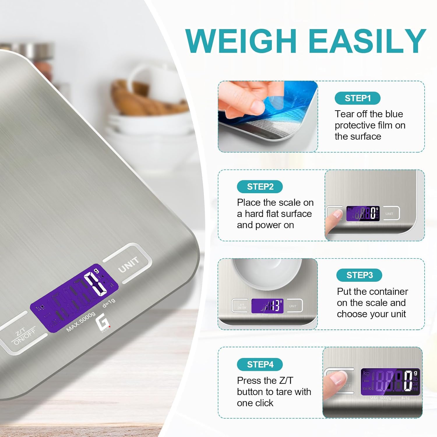 Food Scale, GPlus+ Digital Kitchen Scale, Highly Accurate 5000g/11lb x 0.1oz, Food Scale for Cooking, Baking and Weight Loss, Kitchen Scale with Backlit - Batteries Included 🍁 All In One Marketplace Canada