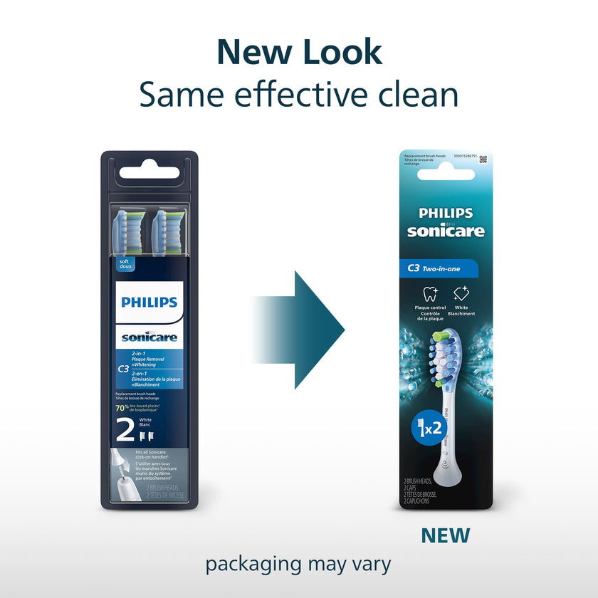 Philips Sonicare C3 2-in-1 Plaque Removal+Whitening Brush Heads, Genuine Replacement Toothbrush Heads, White, 2 Pack, HX9042/65 🍁 All In One Marketplace Canada