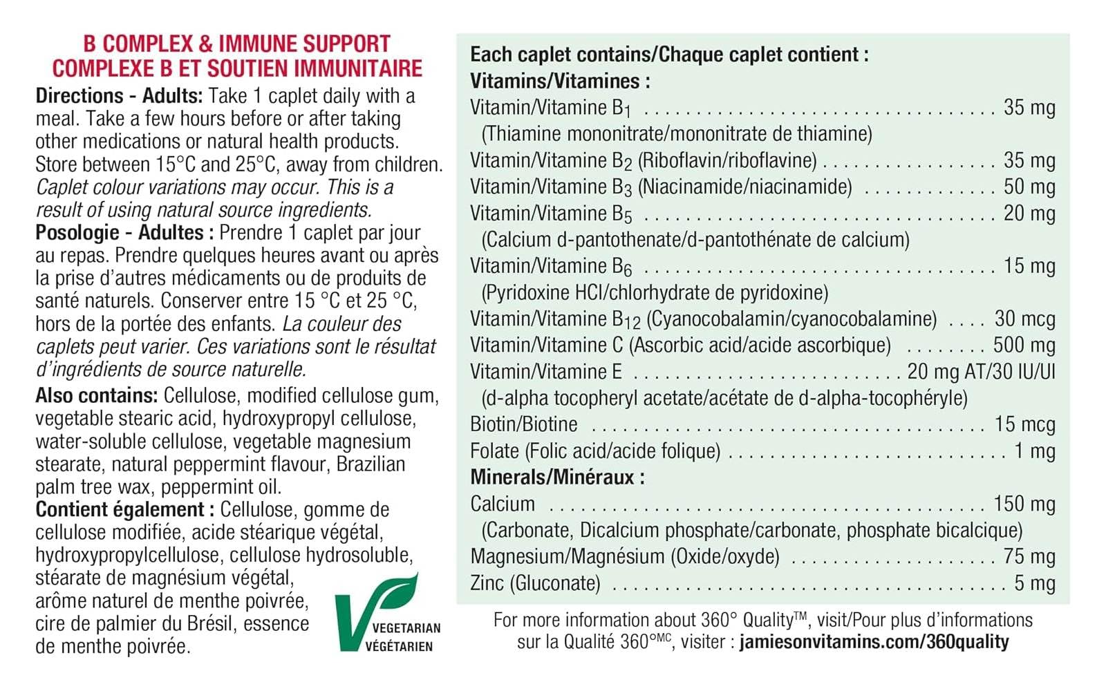 Jamieson Stressease Vitamin B Complex with Vitamin C, Magnesium, Calcium, and Zinc, Packed with 13 Essential Nutrients, Stress Relief Formula, Supports Energy Production, Metabolism, and Immune Support. Vegetarian, Gluten-Free, 90 Caplets, Proudly Canadia