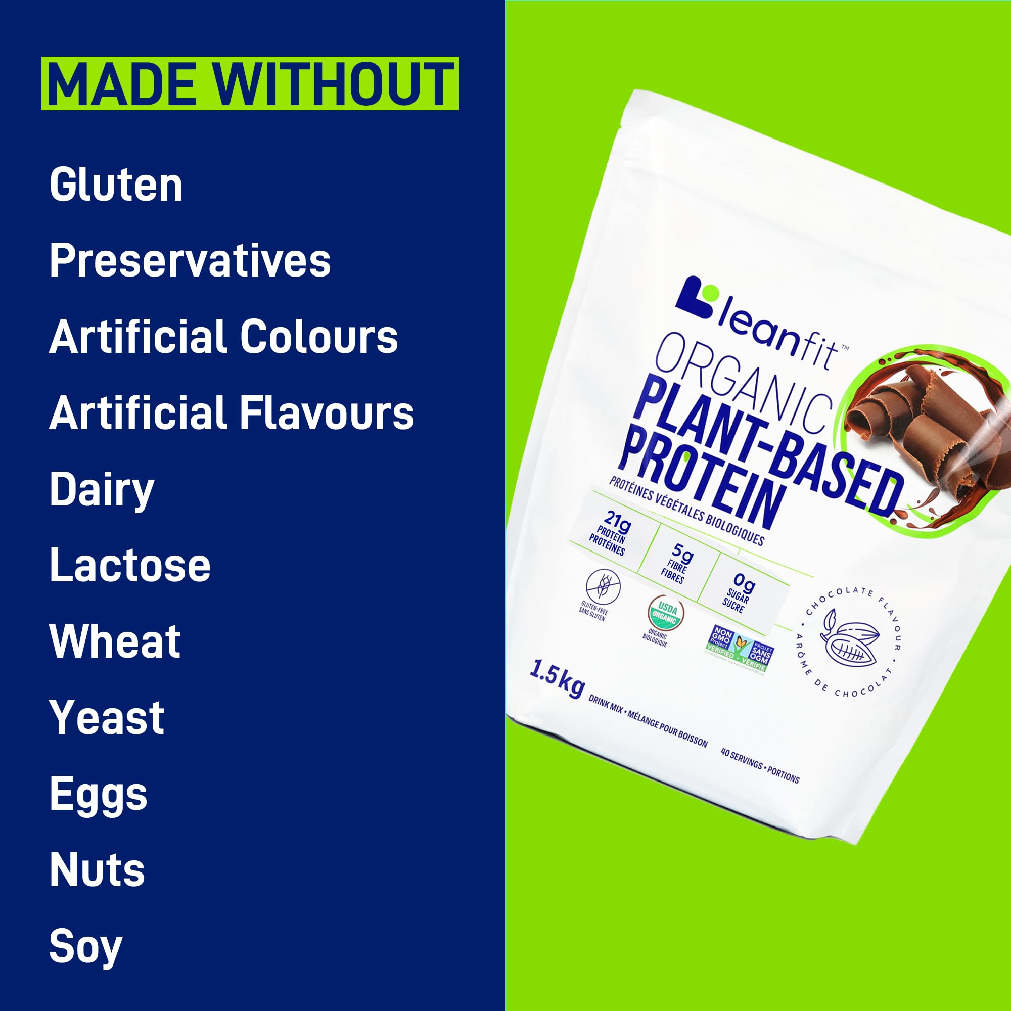 LEANFIT ORGANIC PLANT-BASED PROTEIN, Natural Chocolate - Vegan, Soy Free, Gluten Free, Dairy Free, Sugar Free - 21g Protein, 40 Servings, 1.5kg Bag 🍁 All In One Marketplace Canada