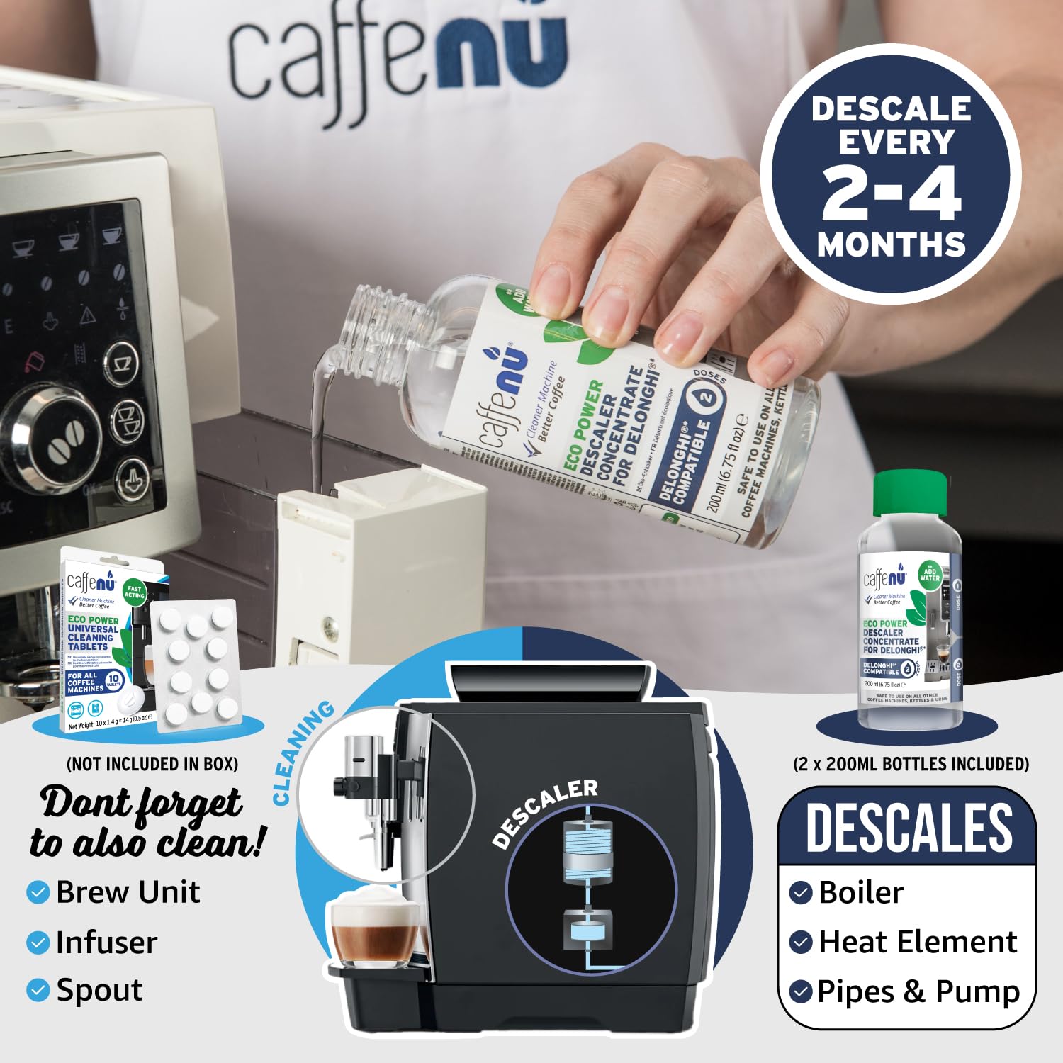 Delonghi Compatible Descaling Solution. 2 Bottles of Descaler Solution. Descaling Kit Removes Limescale For Hotter Coffee. 4 Uses Descaler For Delonghi Coffee Machines. 🍁 All In One Marketplace Canada