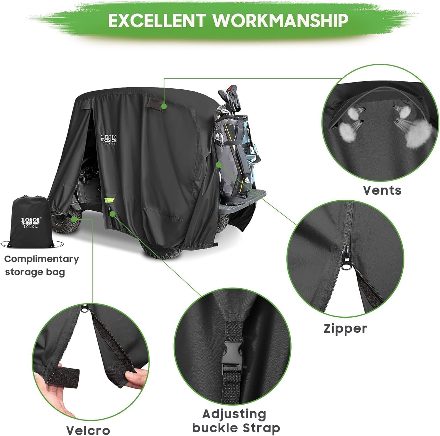 10L0L Universal 2-4 Passenger Golf Cart Cover for EZGO, Club Car and Yamaha, Waterproof Sunproof and Durable, Black 🍁 All In One Marketplace Canada