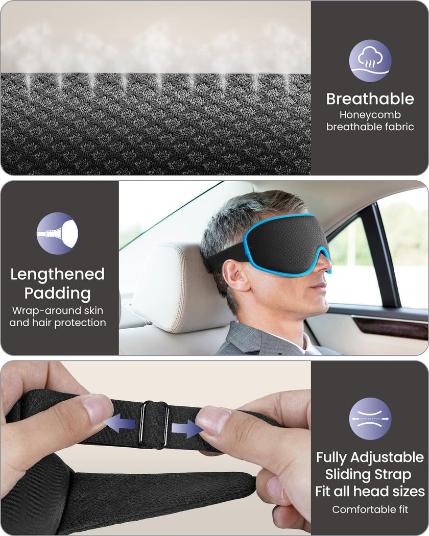 WAOAW Sleep Mask Blackout, Eye Mask for Sleeping - 3D Breathable Soft Comfortable， Adjustable Light Blocking Night Sleeping Mask（Blue） 🍁 All In One Marketplace Canada