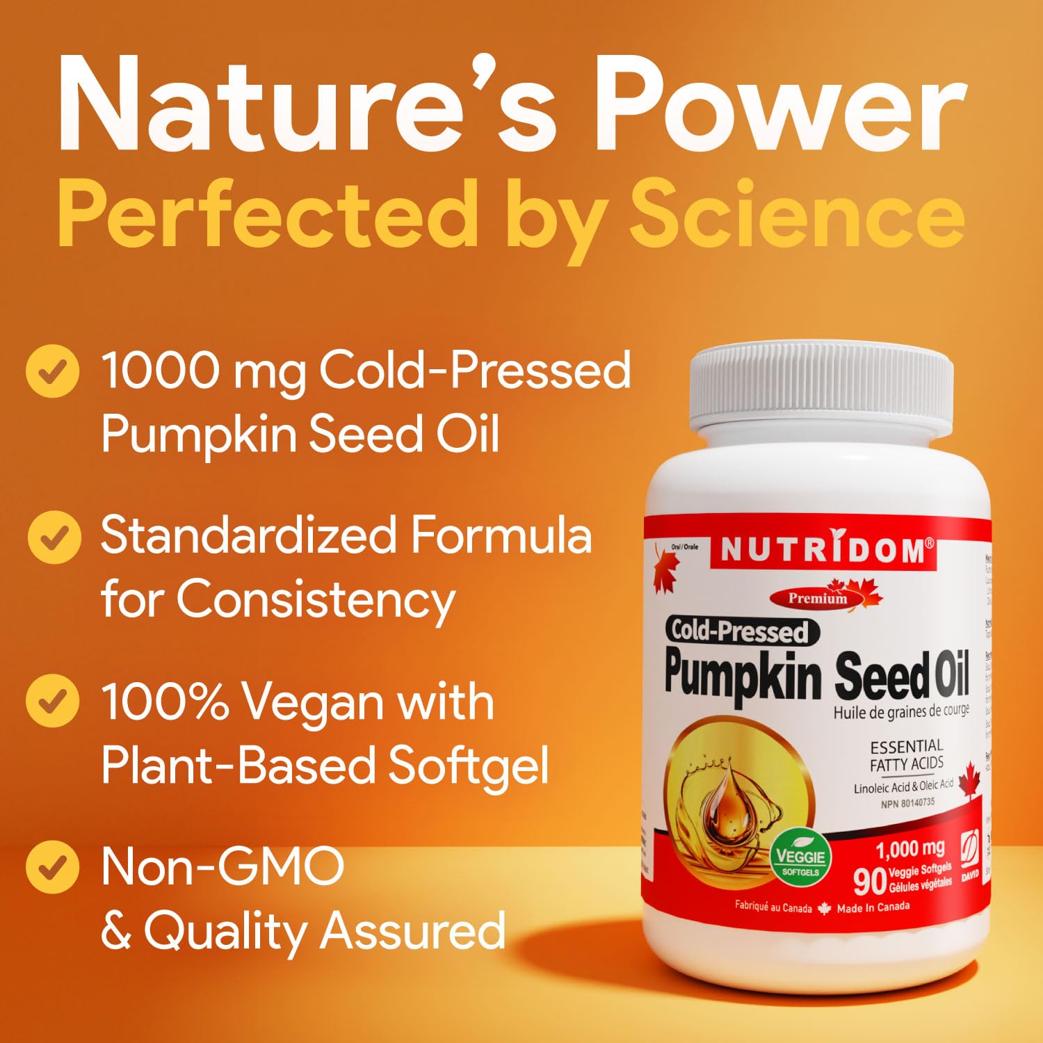 Nutridom Pumpkin Seed Oil Capsules 1000 mg, 90 Veggie Softgels, Cold-Pressed, Essential Fatty Acids, Linoleic & Oleic Acid, Vegan, Non-GMO, Gluten Free, Soy Free, Made in Canada 🍁 All In One Marketplace Canada