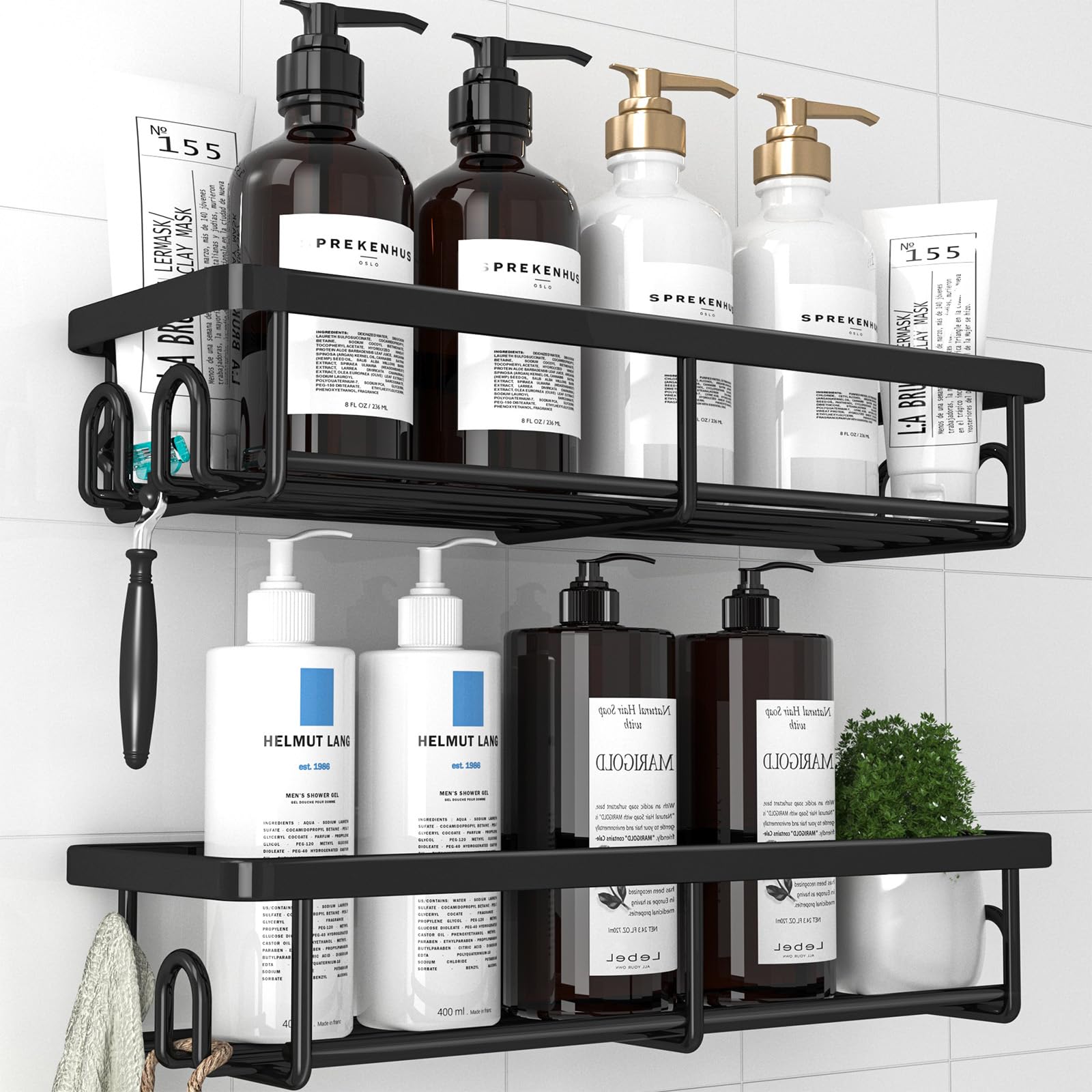 Kitsure Shower Caddy - 2 Pack Rustproof Stainless Steel Shower Organizer, No-Drill & Quick-Dry Shelves with Large Capacity, Durable Rack with 4 Hooks, Large, Black 🍁 All In One Marketplace Canada