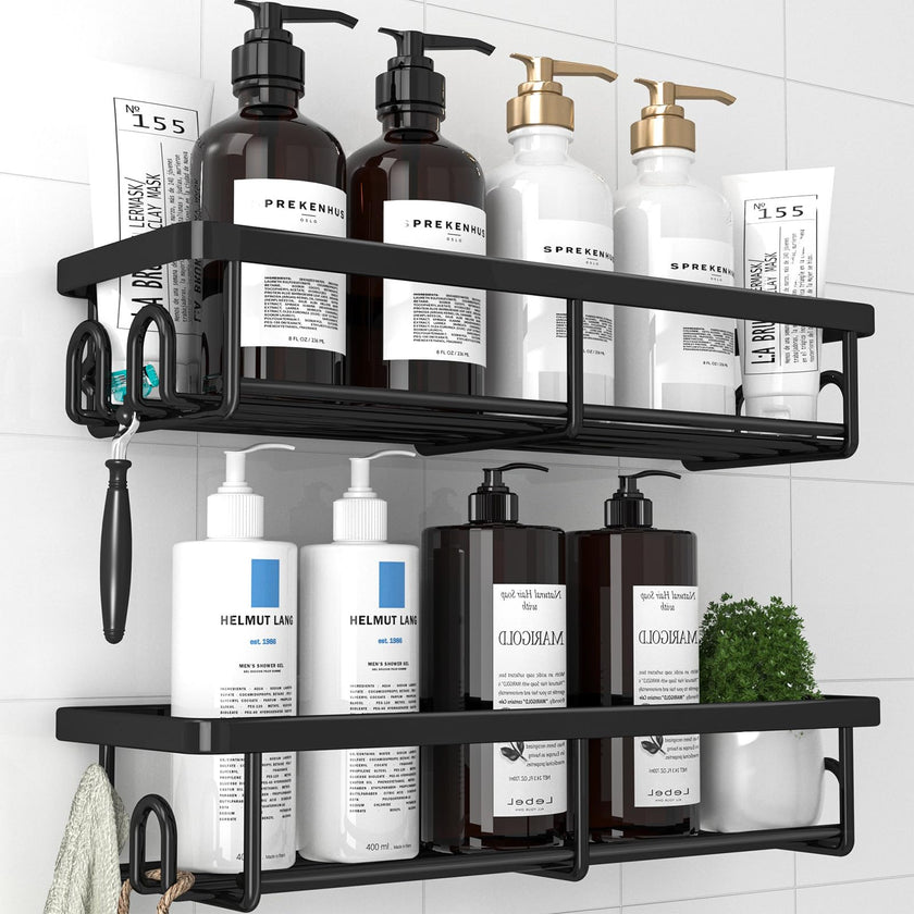 Kitsure Shower Caddy - 2 Pack Rustproof Stainless Steel Shower Organizer, No-Drill & Quick-Dry Shelves with Large Capacity, Durable Rack with 4 Hooks, Large, Black 🍁 All In One Marketplace Canada