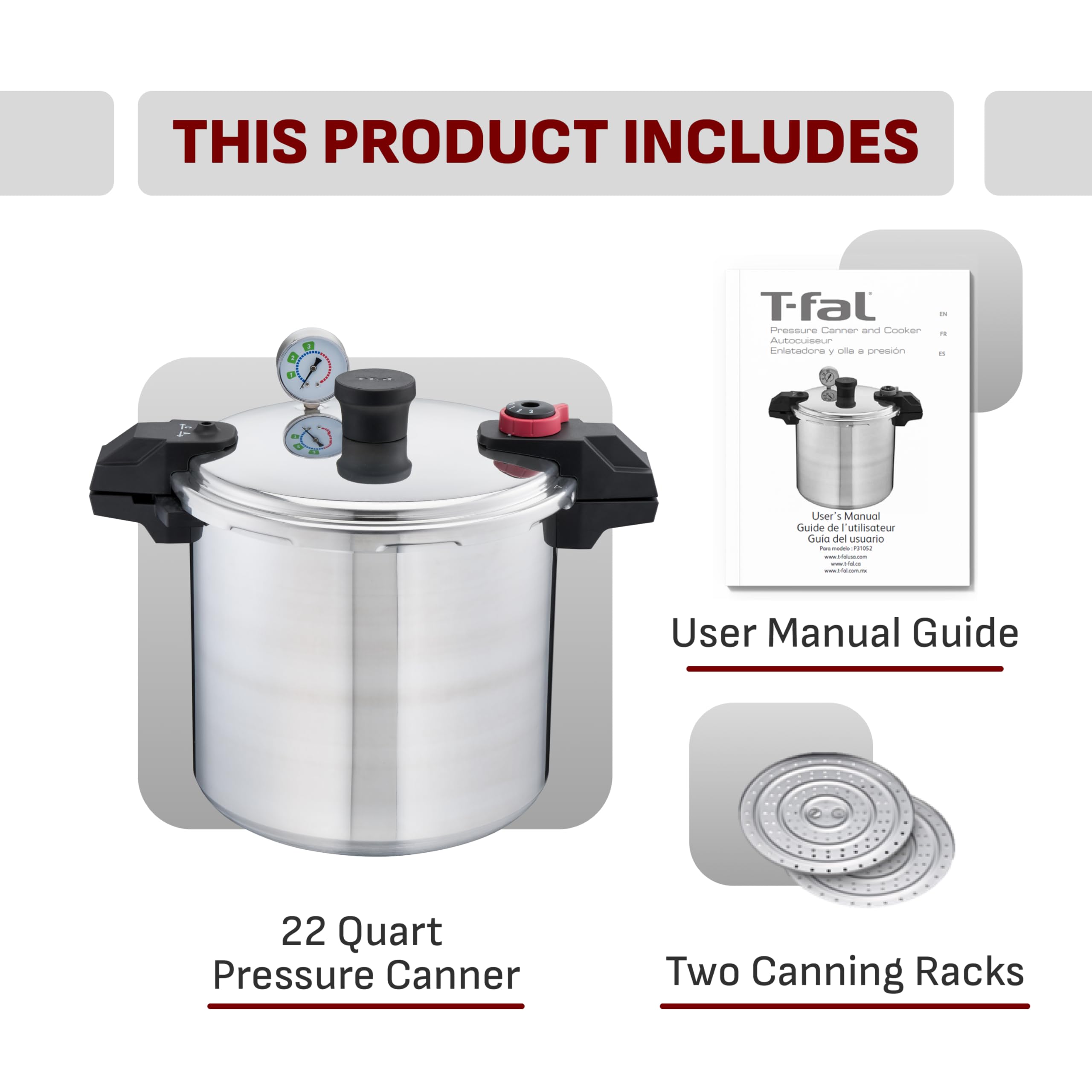 T-fal 22-Quart Aluminum Pressure Canner, 3 PSI Settings, Includes Racks & Guide, Large Capacity, Pressure & Water Bath for Vegetables, Meats, Seafood & Fruits, Silver 🍁 All In One Marketplace Canada