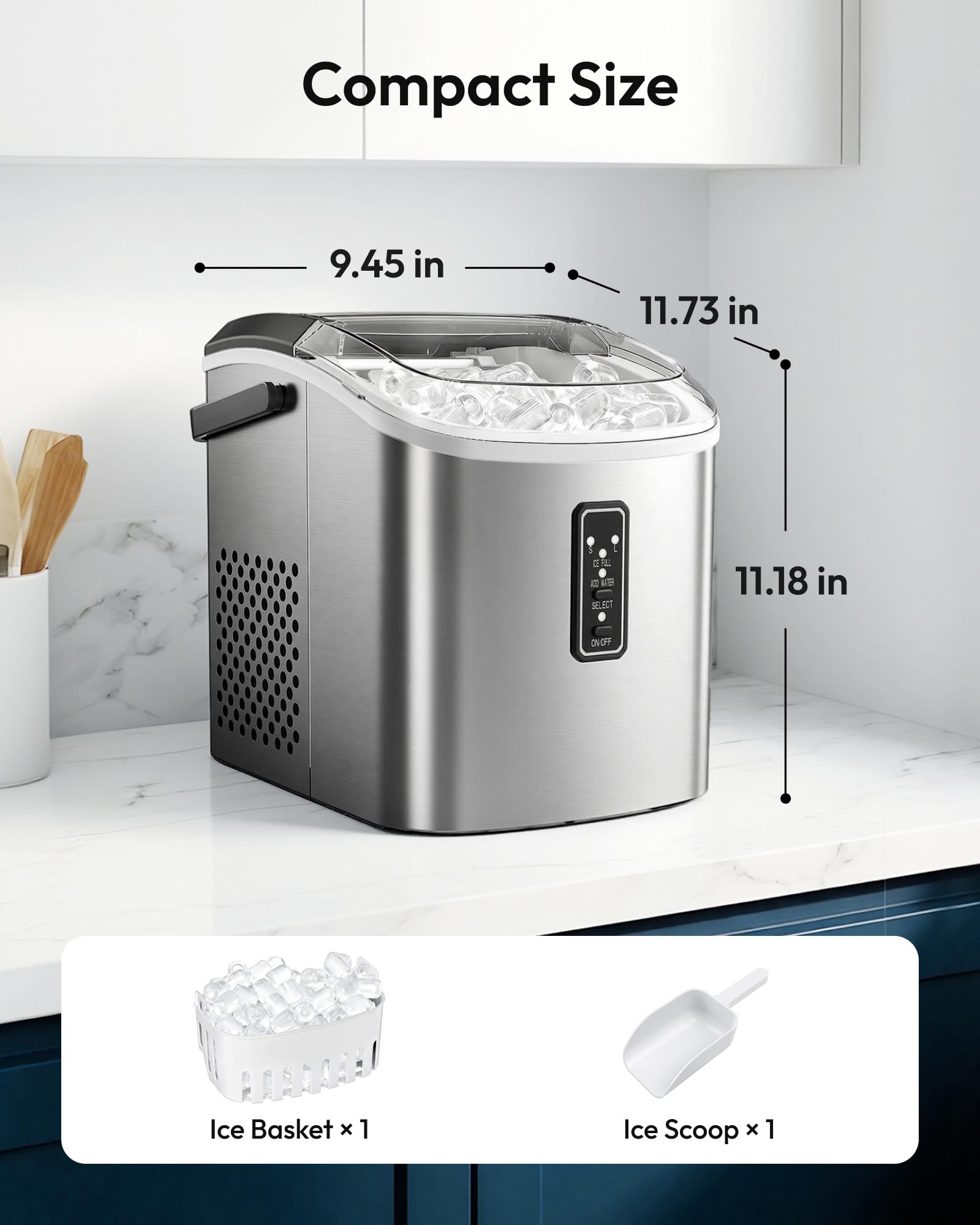 EUHOMY Ice Maker Countertop, 9 Cubes Ready in 6 Mins, 26lbs/24H, Self-Cleaning, Portable Ice Maker Machine with Carry Handle, Basket and Scoop, 2 Sizes of Bullet Ice for Home, Kitchen, Office 🍁 All In One Marketplace Canada