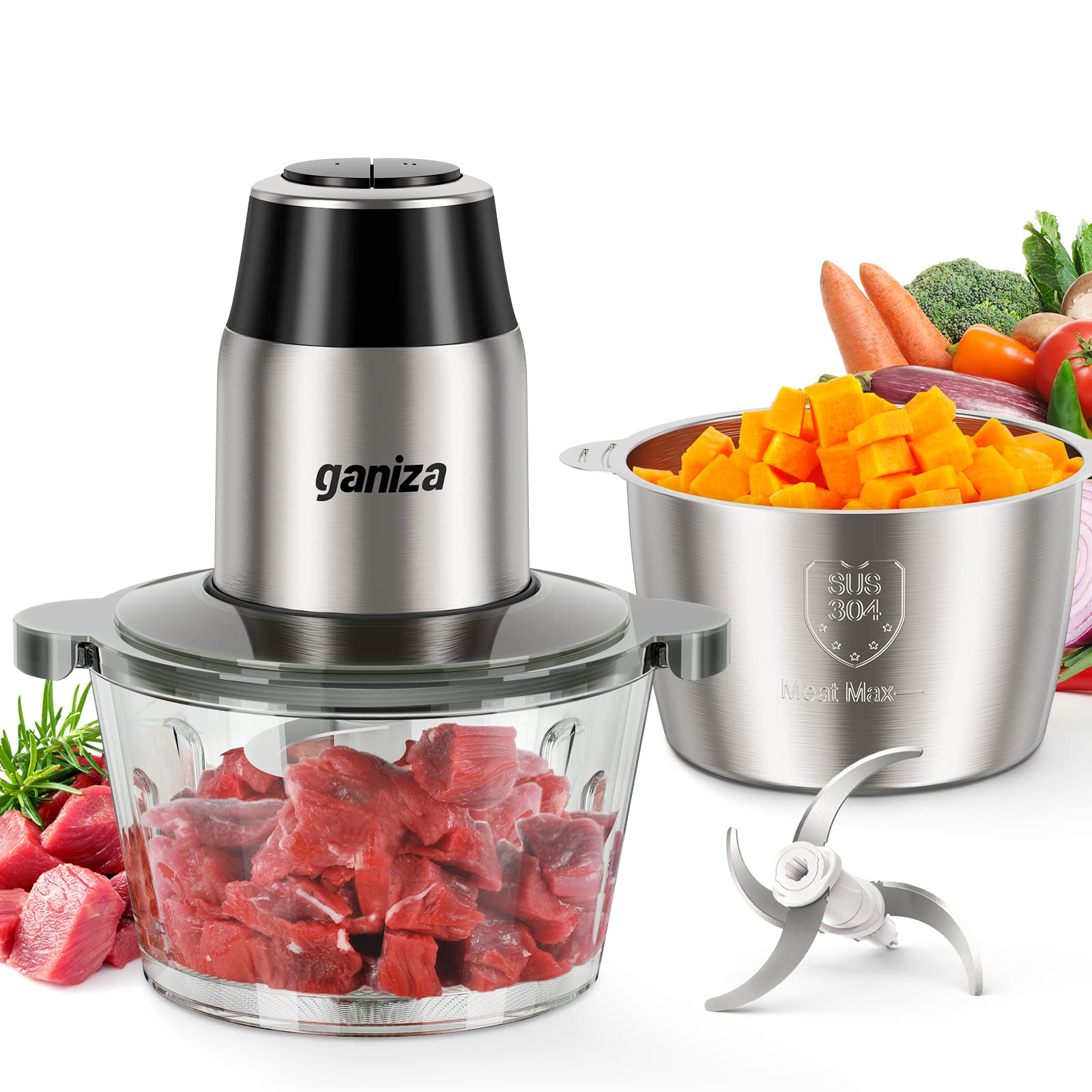 GANIZA Food Processors, Electric Food Chopper with Meat Grinder & Vegetable Chopper - 2 Bowls (8 Cup+8 Cup) with Powerful 450W Copper Motor - Includes 2 Sets of Bi-Level Blades for Fruits/Meat/Nuts 🍁 All In One Marketplace Canada