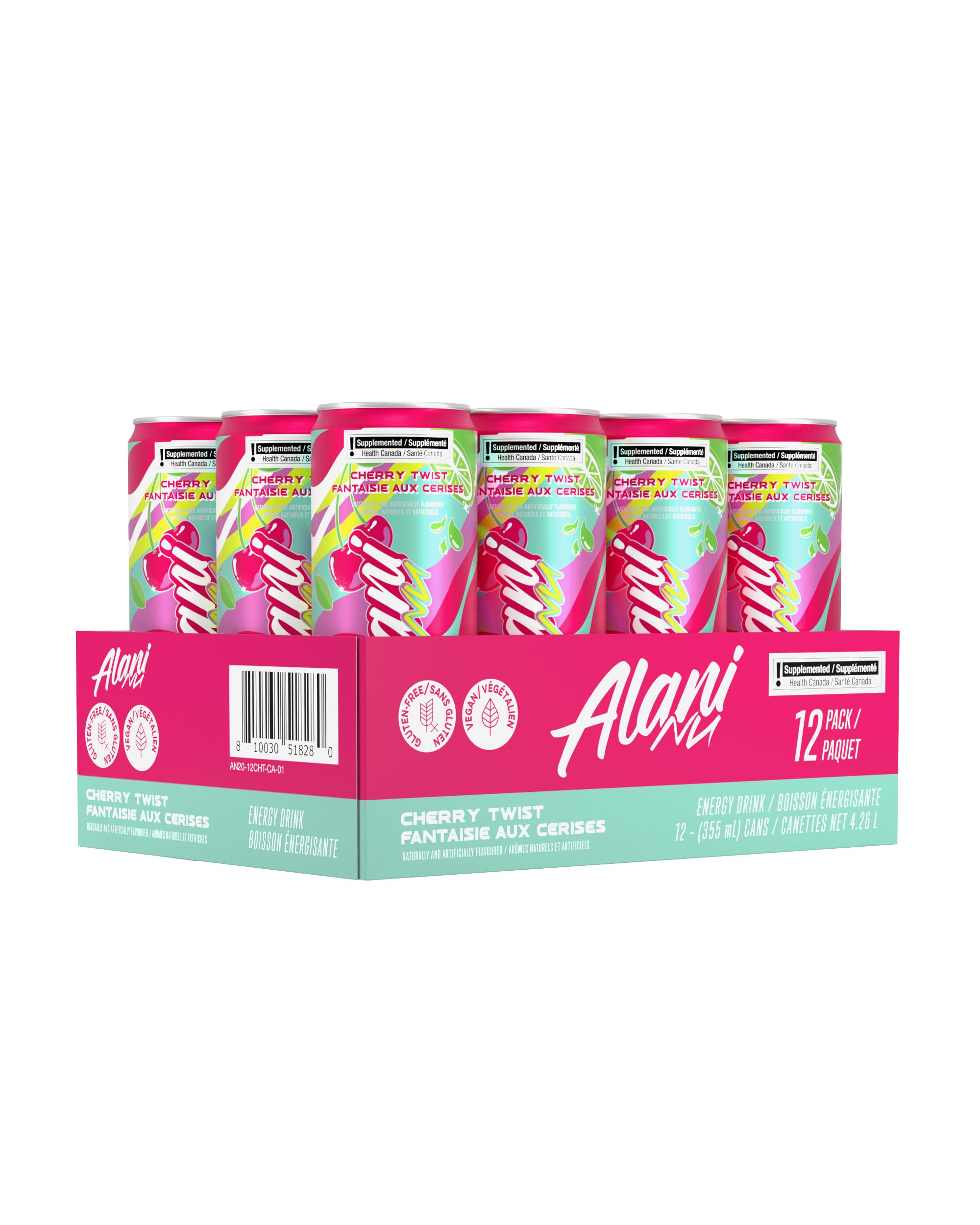 Alani Nu CHERRY TWIST Sugar-Free, Low Calorie Energy Drinks | 140mg Caffeine | Zero Sugar | 15 Calories or Less | 355 mL Cans (12 Pack) 🍁 All In One Marketplace Canada