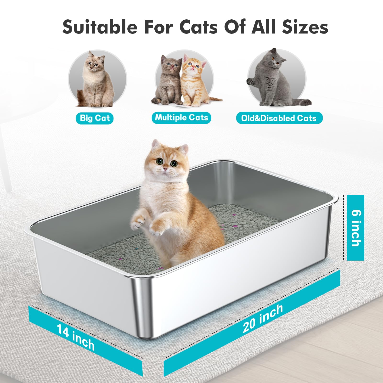 ZuHucpts Stainless Steel Cat Litter Box, Large Metal Litter Pan for Cats (20